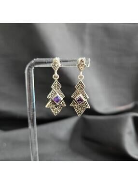 Vintage Sterling Silver Amethyst Marcasite Earrings Art Deco 925 Drop Geometric